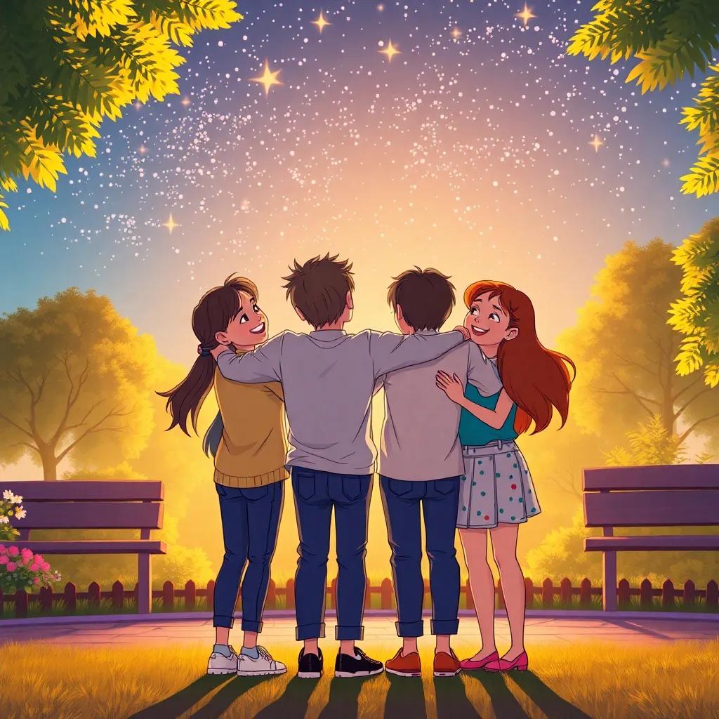 Los amigos celebran su victoria en el parque, donde la paz ha regresado, abrazándose y sonriendo, con un cielo lleno de estrellas brillantes, warm light, cheerful atmosphere, happy scene, artstyle