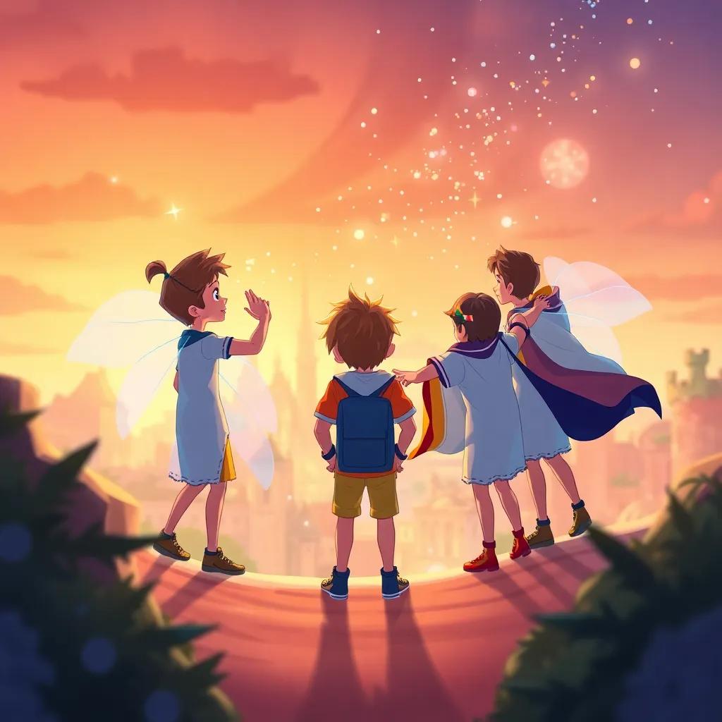 Los adolescentes formando un círculo, riendo y prometiendo proteger la ciudad, la magia brillando a su alrededor, illustration, warm colors, child-friendly, heartwarming