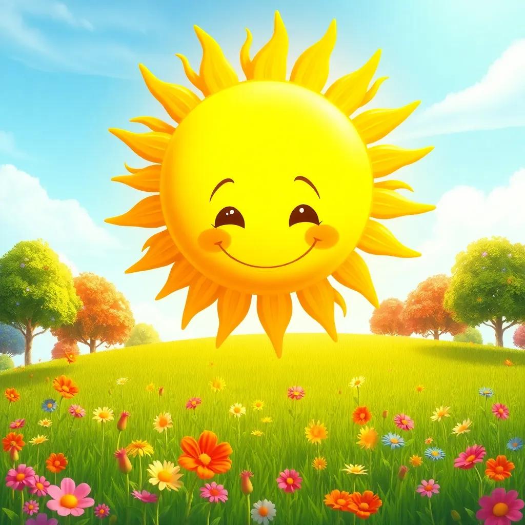 A vibrant sun with a smiling face shining down on a green field with colorful flowers and trees, cartoon style, digital art, bright and cheerful colors, sunny atmosphere, high quality