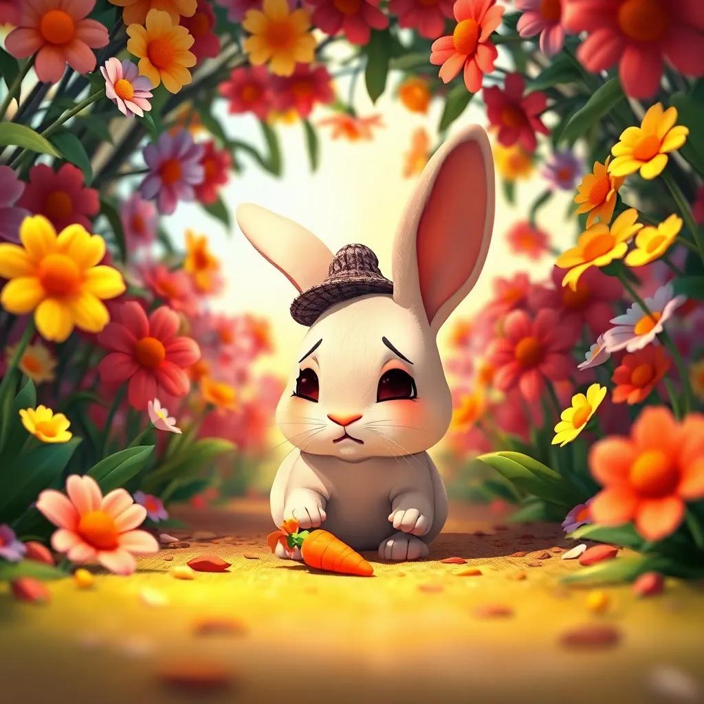A sad rabbit searching for a carrot under colorful flowers, wearing a small hat, cartoon style, vivid colors, warm light, playful perspective, high quality