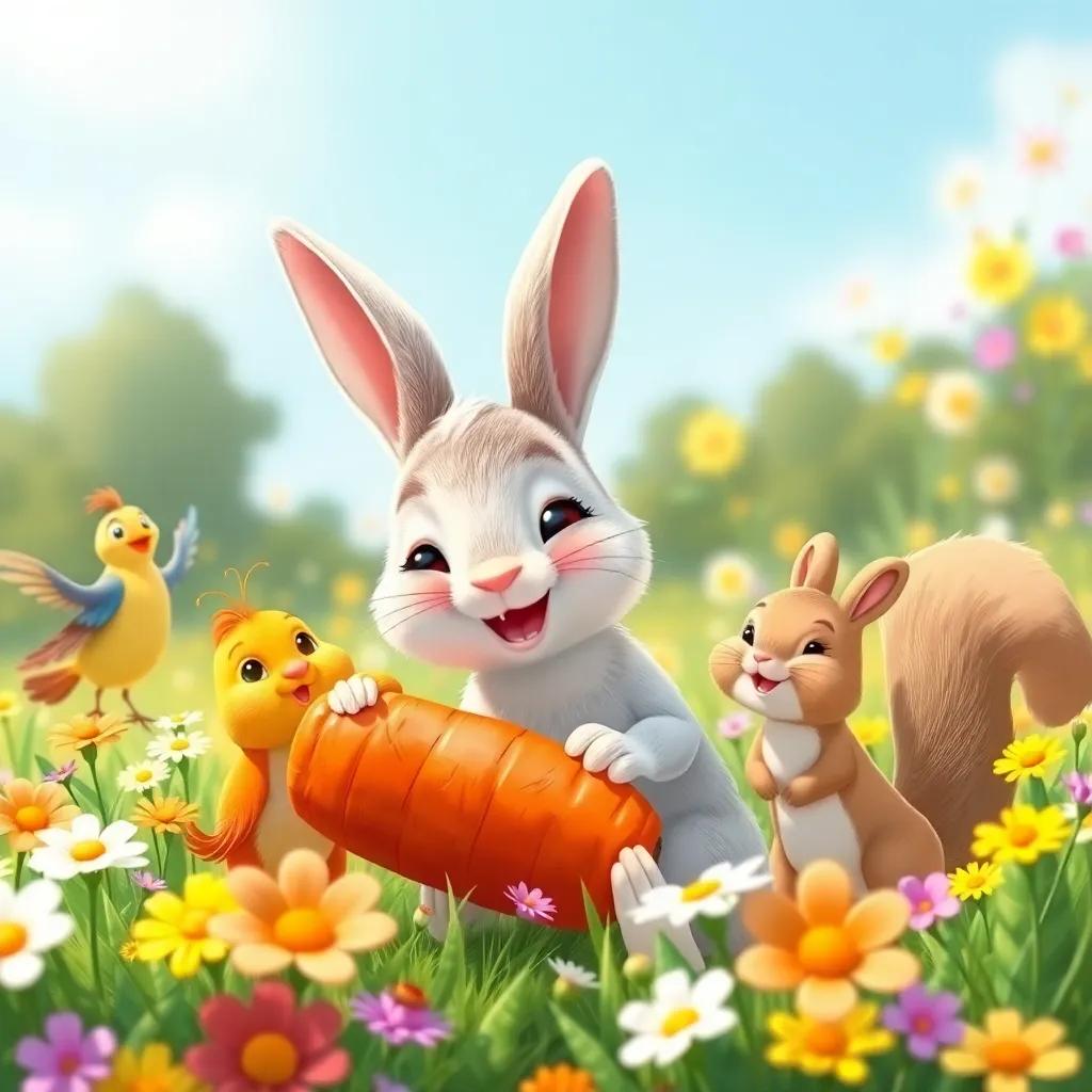 A happy rabbit finding his carrot with friends, a cheerful bird and a playful squirrel, in a sunny meadow full of flowers, whimsical style, bright colors, joyful atmosphere, high quality