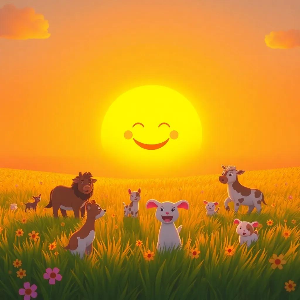 A sunset with a smiling sun saying goodbye to animals in a field, showing joy and warmth, cartoon style, soft colors, heartwarming atmosphere, high quality