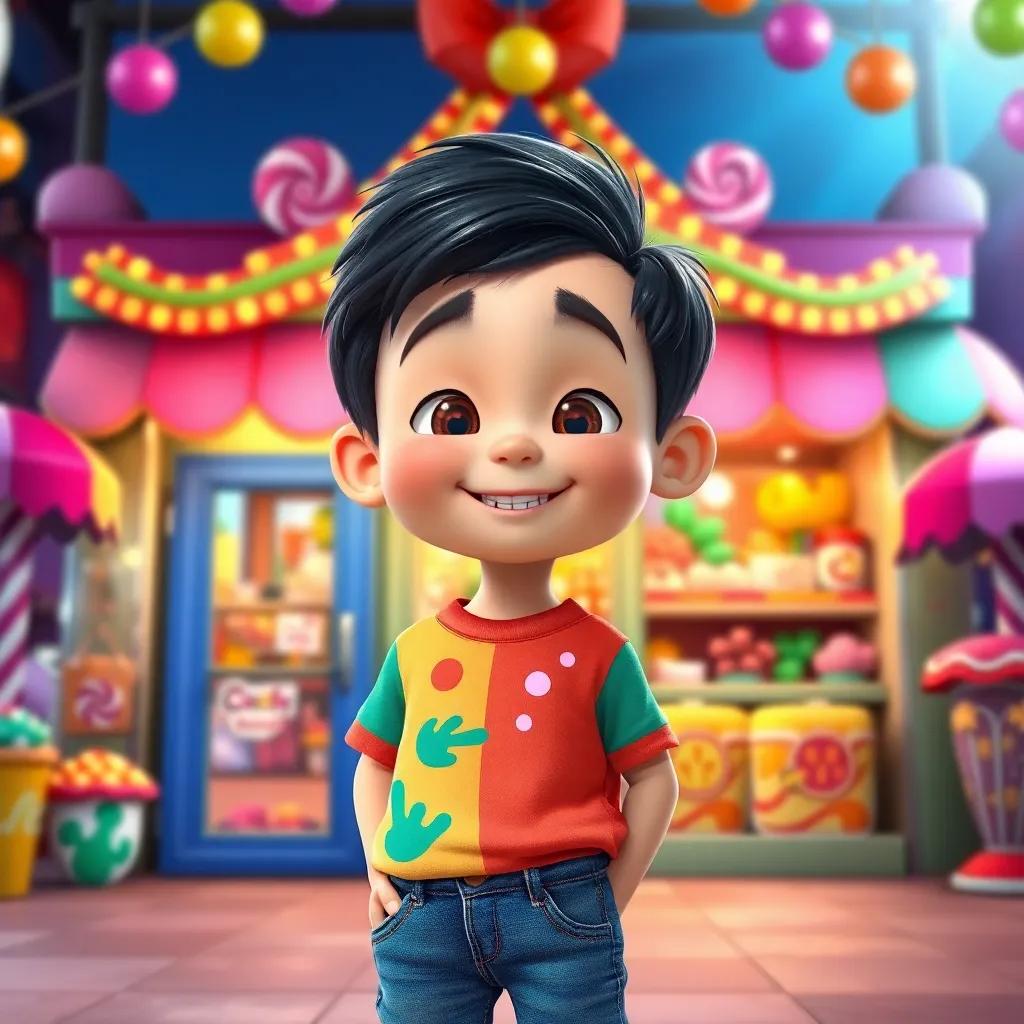 A small boy named Pablo, with short dark hair wearing a colorful t-shirt and jeans, standing in front of a magical candy store, vibrant colors, cheerful atmosphere, digital art, bright and inviting, high quality