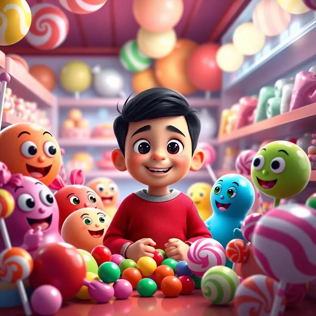 Pablo inside the candy store, surrounded by talking candies with faces, colorful gummies, and lollipops, whimsical character design, fun details, bright lights, illustration, friendly and engaging, child-friendly