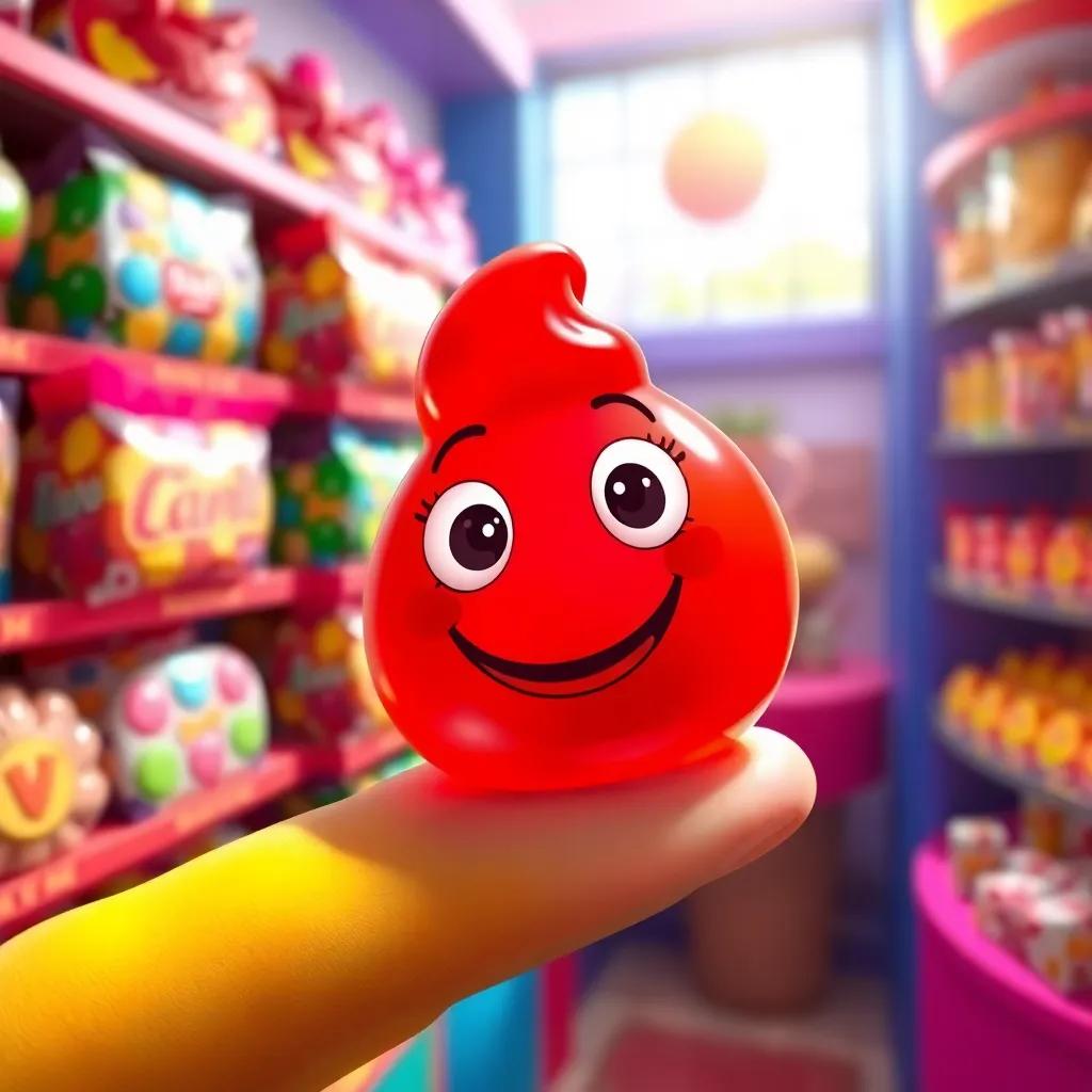 A close-up of Rita, the red gummy candy, with a happy face, in Pablo's hand, colorful candy shelves in the background, whimsical expression, cheerful lighting, vibrant colors, digital painting, playful and bright
