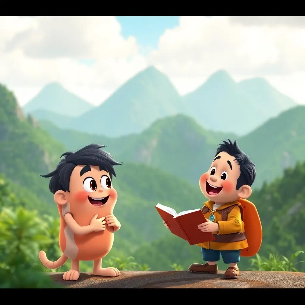 Max, the mint candy, with a friendly face, telling a story to Pablo, a backdrop of green mountains and fresh air, lively expression, magical atmosphere, bright illustration, adventurous theme