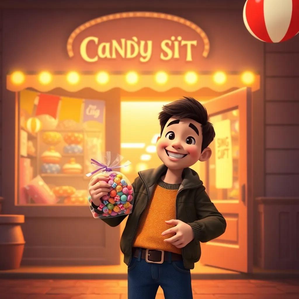 Pablo leaving the candy store with a bag of singing candies, a happy smile on his face, the candy store glowing behind him, warm colors, magical evening light, heartwarming scene, detailed digital art, uplifting