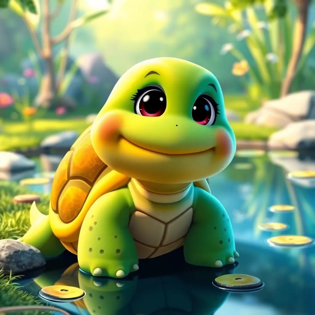 A turtle named Tina, with a friendly smile and a green shell, sitting near a pond, looking curious and dreaming of dancing, bright colors, cheerful environment, digital art, friendly and vibrant scenes