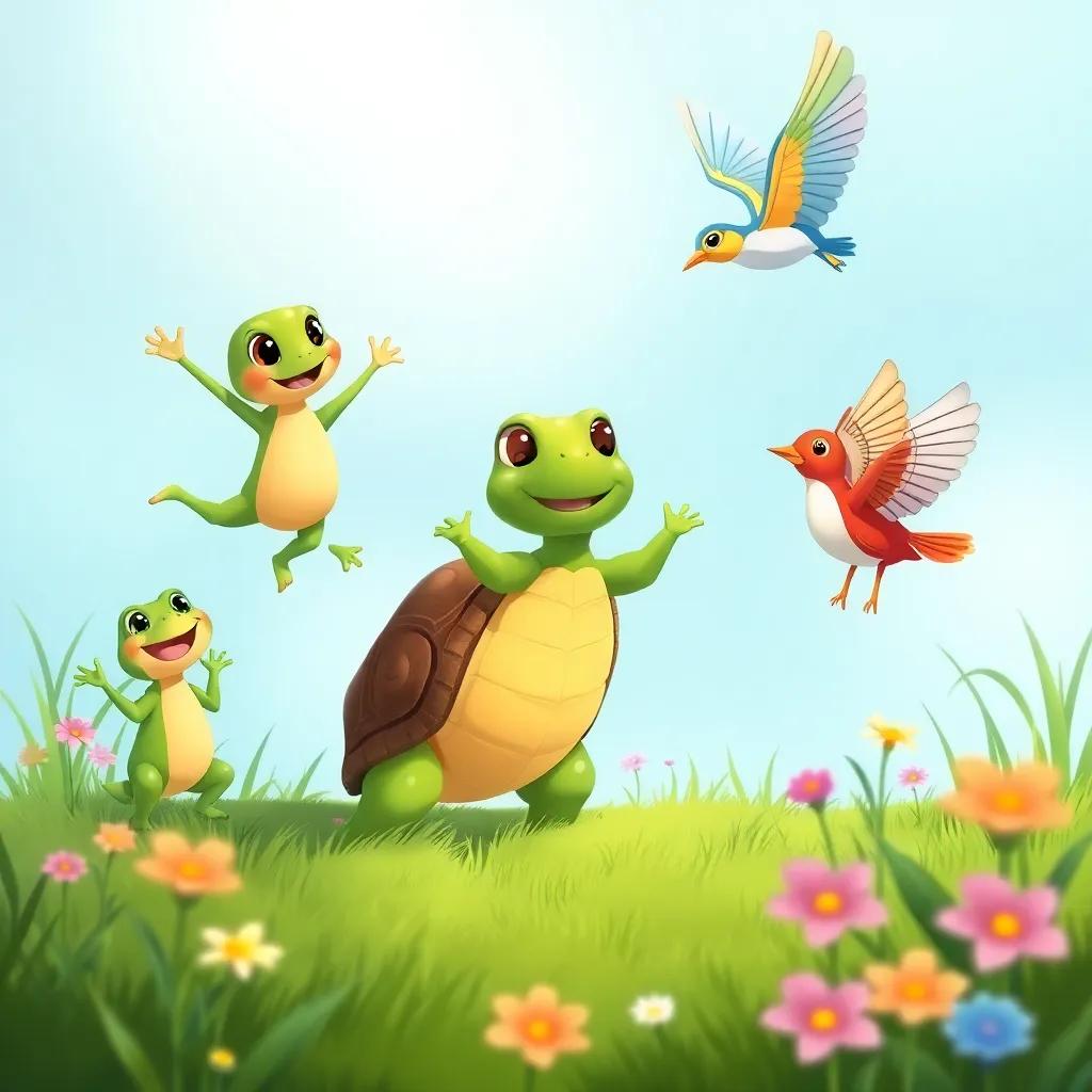 Tina the turtle watching her friends dance: a joyful frog jumping, a quick rabbit spinning, and a colorful bird flying, surrounded by green grass and flowers, illustration, lively happening