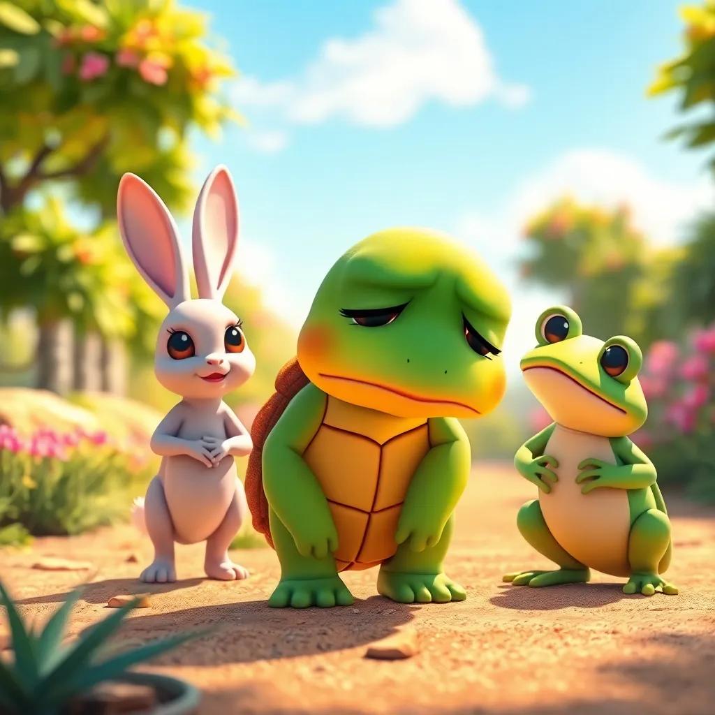 Tina the turtle in a sad posture, with her head down, as her friends, a rabbit and a frog, approach her encouragingly, bright sunny day, warm colors, cheerful perspective, uplifting ambiance