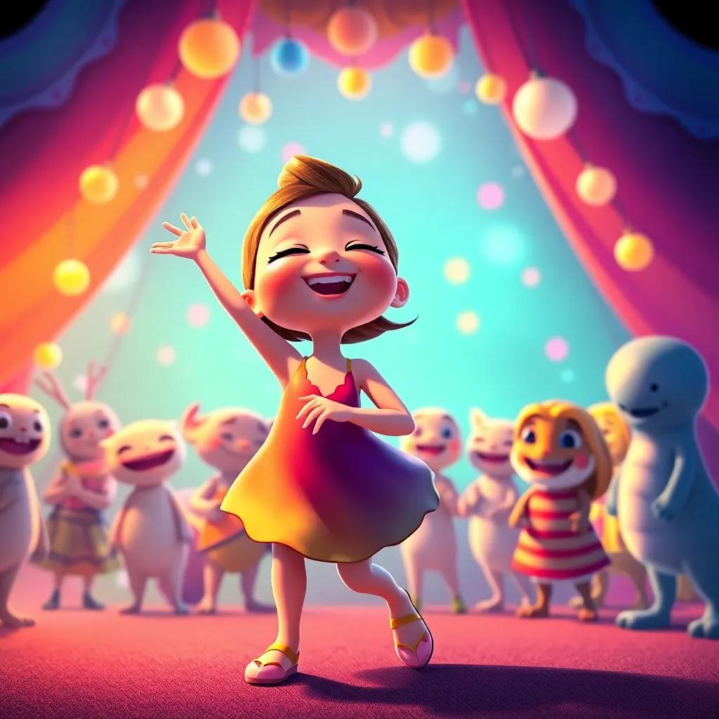 Tina feeling happy as she dances with her eyes shut, moving her shell in rhythm, surrounded by her friends who cheer her on, bright and vibrant colors, joyful atmosphere, digital illustration