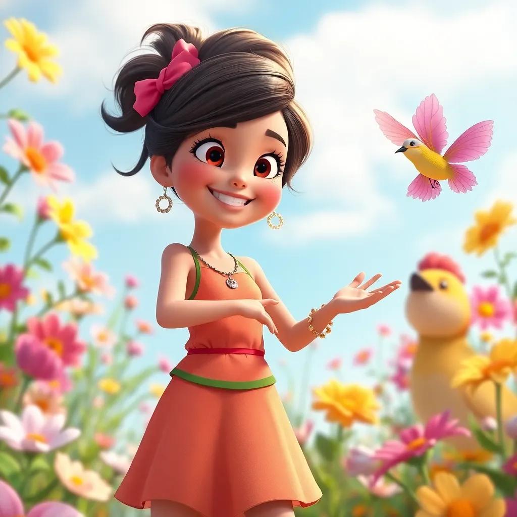 Tina, looking confident and creative, inventing a dance in front of her friends, a cheerful bird singing nearby, surrounded by flowers swaying in the wind, sunny day full of colors, happy scene