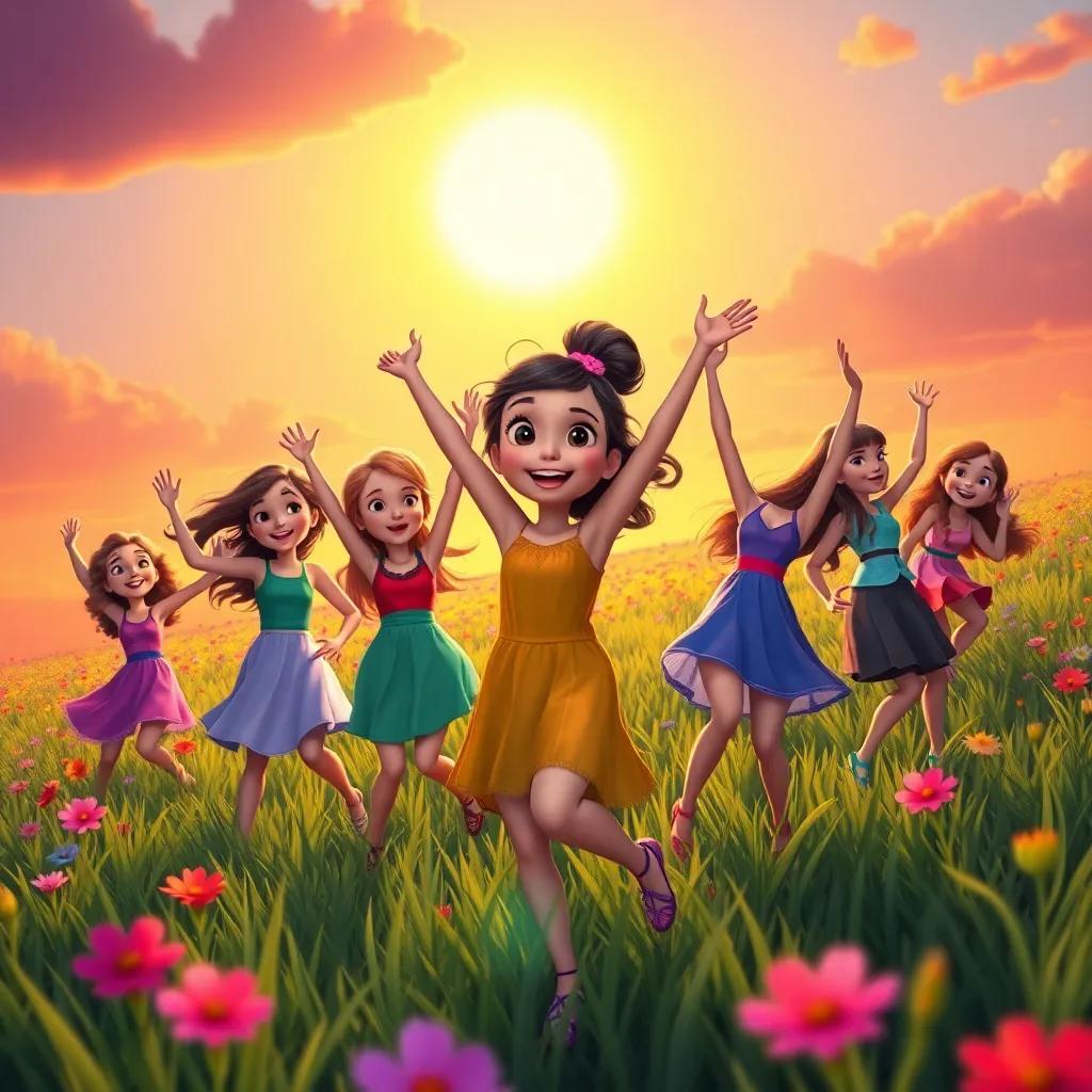 Tina and her friends celebrate dancing, painting the meadow with joy, everyone has a smile, the sun shining brightly over them, colorful and lively sunset atmosphere