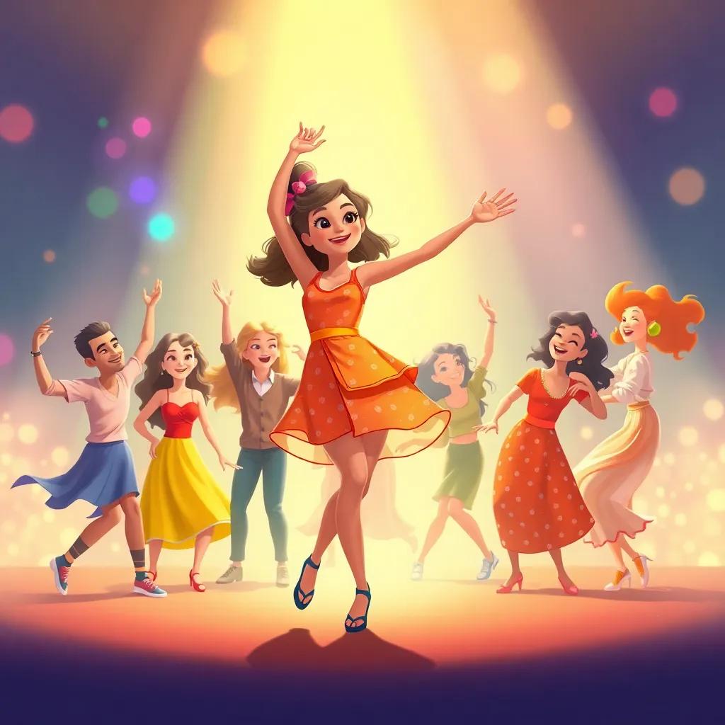 Tina dancing gracefully with her friends around her, all showcasing their unique dance moves, creating an atmosphere of happiness and friendship, colorful and warm light surrounding them, dynamic illustration