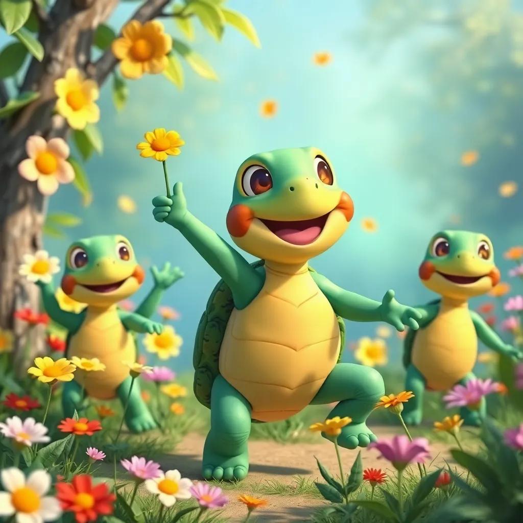 Tina inventing her unique happy turtle dance, with flowers and her friends following her lead, being filled with laughter and joy, lively nature around them, joyful and colorful