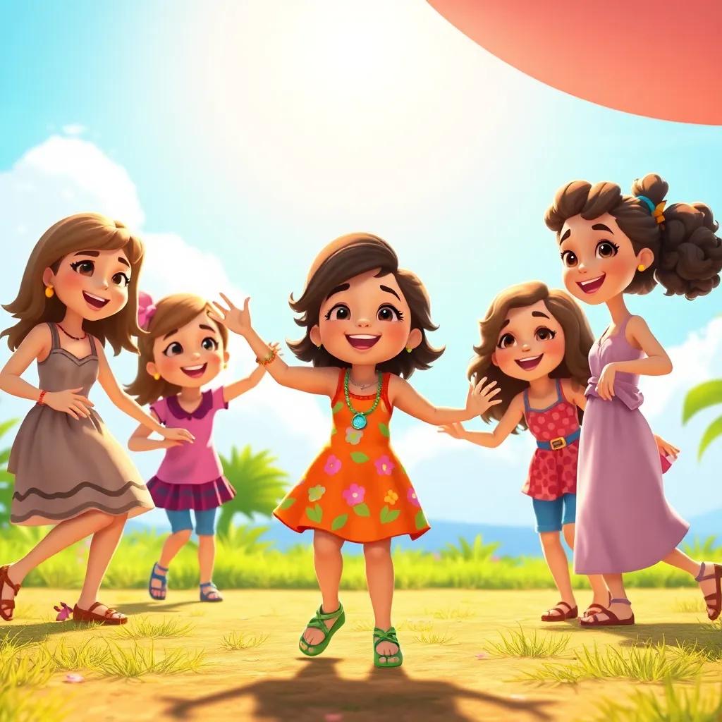 A joyful scene of Tina, now confident, leading the dance as her friends happily imitate her, celebration of friendship under the bright sun, vibrant colors, child-friendly