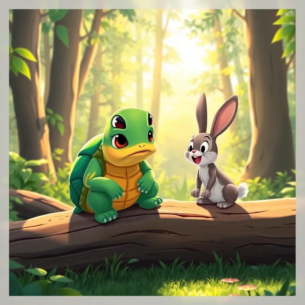 Tula the turtle looking determined, sitting on a sunny log in the forest, talking to Pipo the rabbit who is energetic and playful, vibrant colors, bright sunlight, cheerful scene, illustration