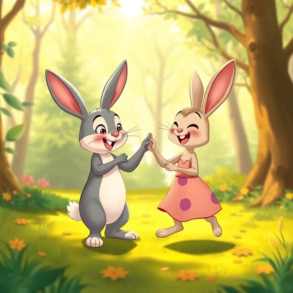 A playful rabbit named Pipo teaching Tula to dance, Tula moving slowly with a smile, both laughing in a sunny forest, illustration, warm colors, joyful interaction