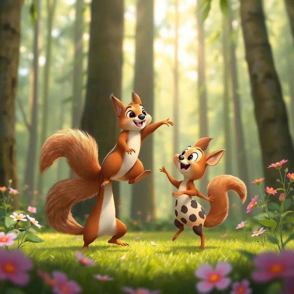 A squirrel named Lía jumping around Tula, who is trying to mimic the dance moves while giggling, surrounded by tall trees and flowers, digital art, lively, cheerful atmosphere