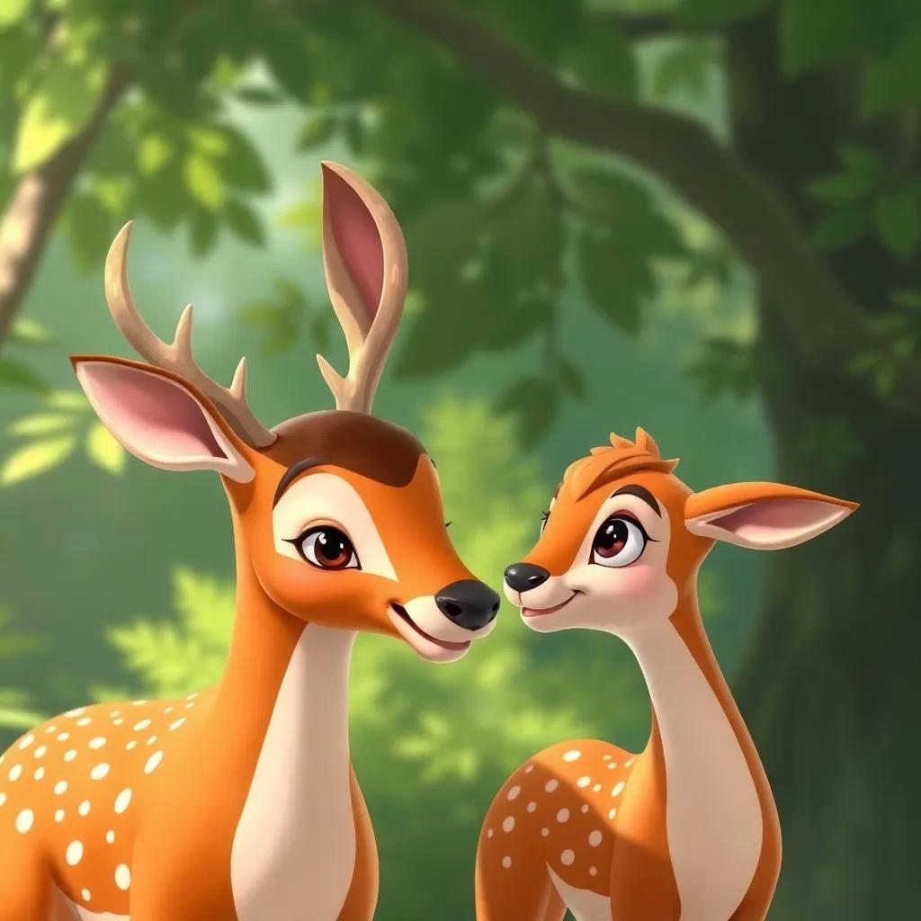 A deer named Tomás gently showing Tula how to sway, Tula looking focused, background of lush greenery, soft and inviting, realistic illustration, heartwarming scene