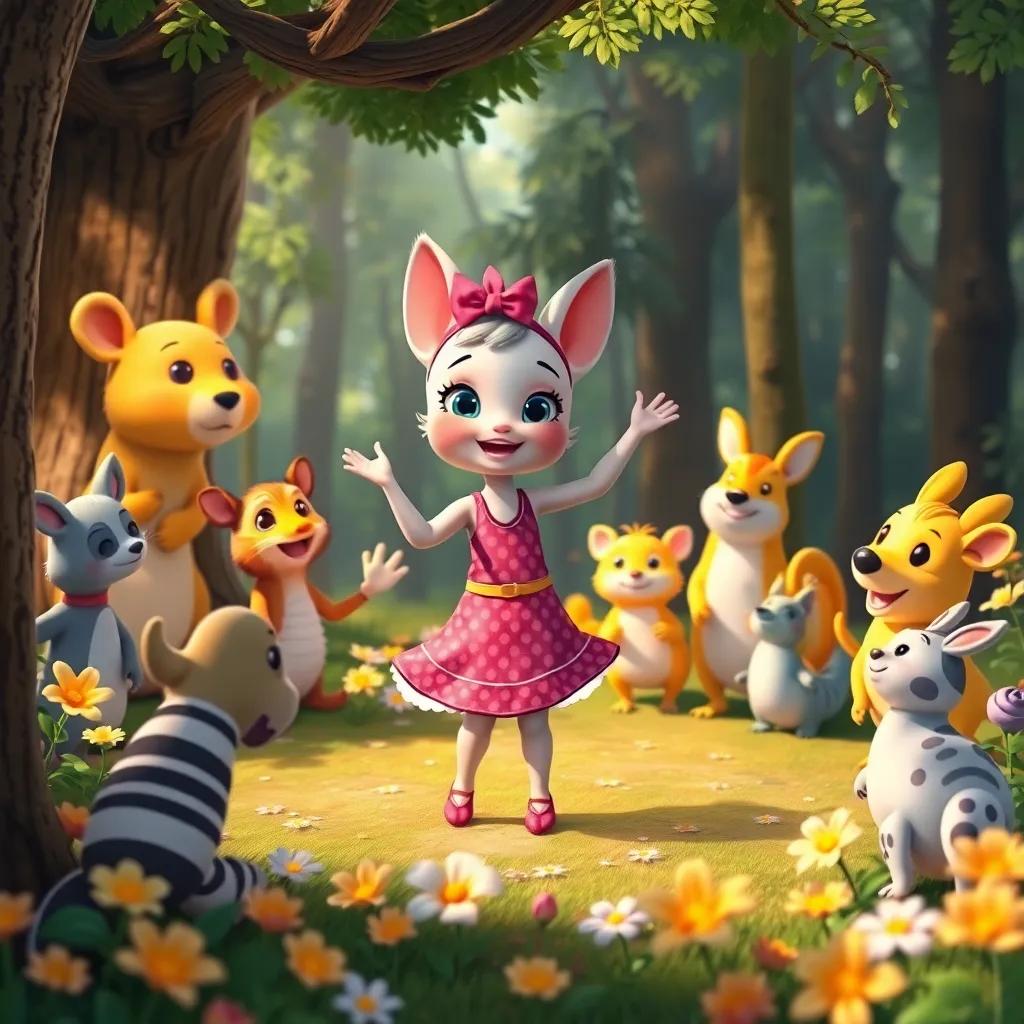 Tula practicing dancing with friends in the forest, bright flowers around, all the animals of the forest cheering, colorful, festive atmosphere, child-friendly, digital art