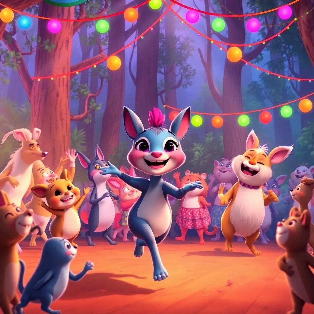 The big dance in the forest with Tula at the center, moving happily, surrounded by smiling animals dancing together, colorful lights and decorations, joyful scene, vibrant illustration