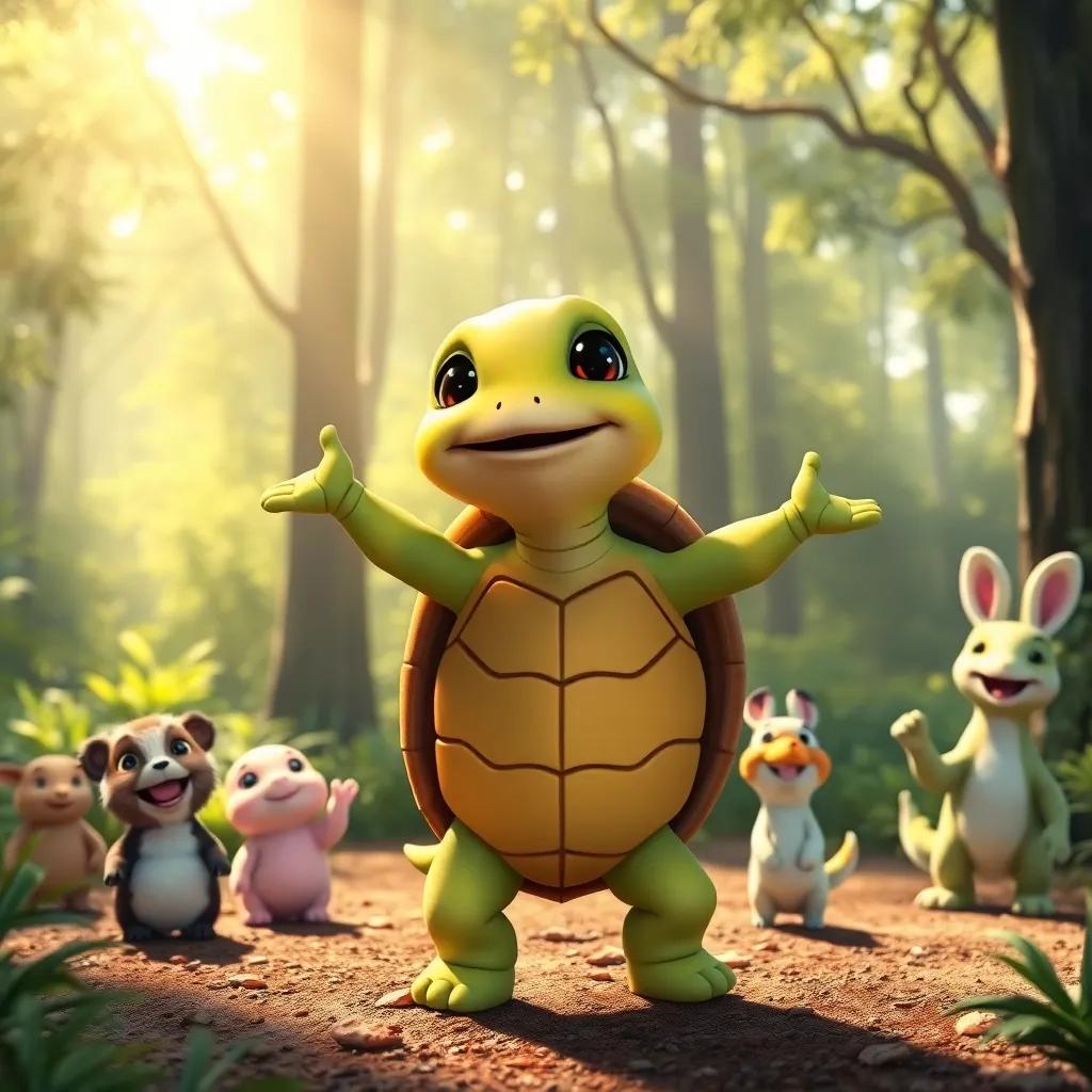 Tula the turtle feeling proud and happy while dancing, all animals celebrating, bright and warm sunlight, picturesque forest setting, friendly, uplifting art