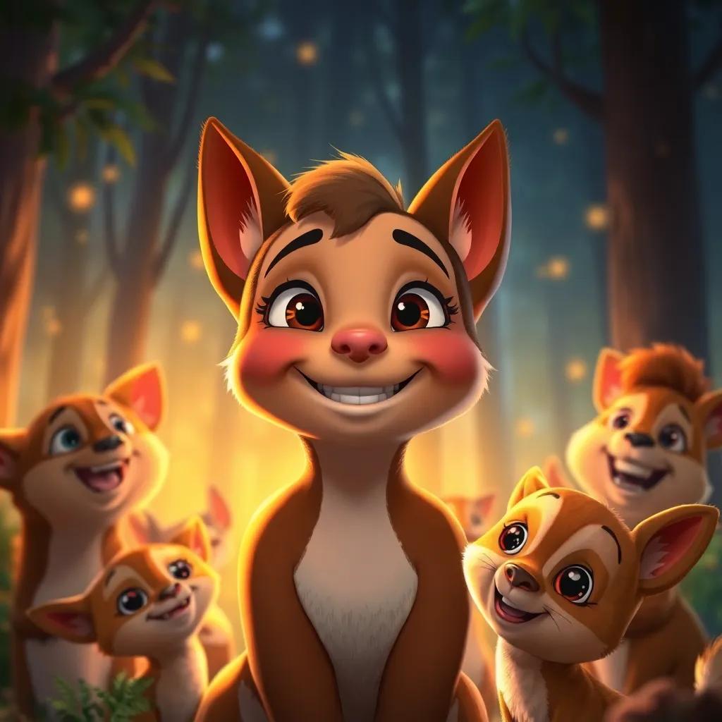 A close-up of Tula smiling, surrounded by her friends, the forest glowing with happiness, warm colors, heartwarming atmosphere