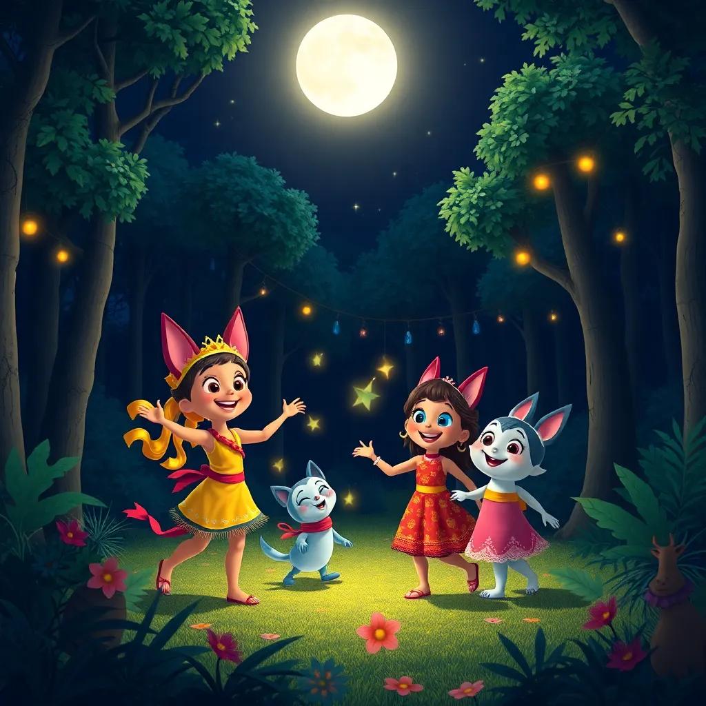 A beautiful night scene in the forest with Tula and her friends dancing under stars and moonlight, cheerful and magical, rich colors, celebration vibes, enchanting art