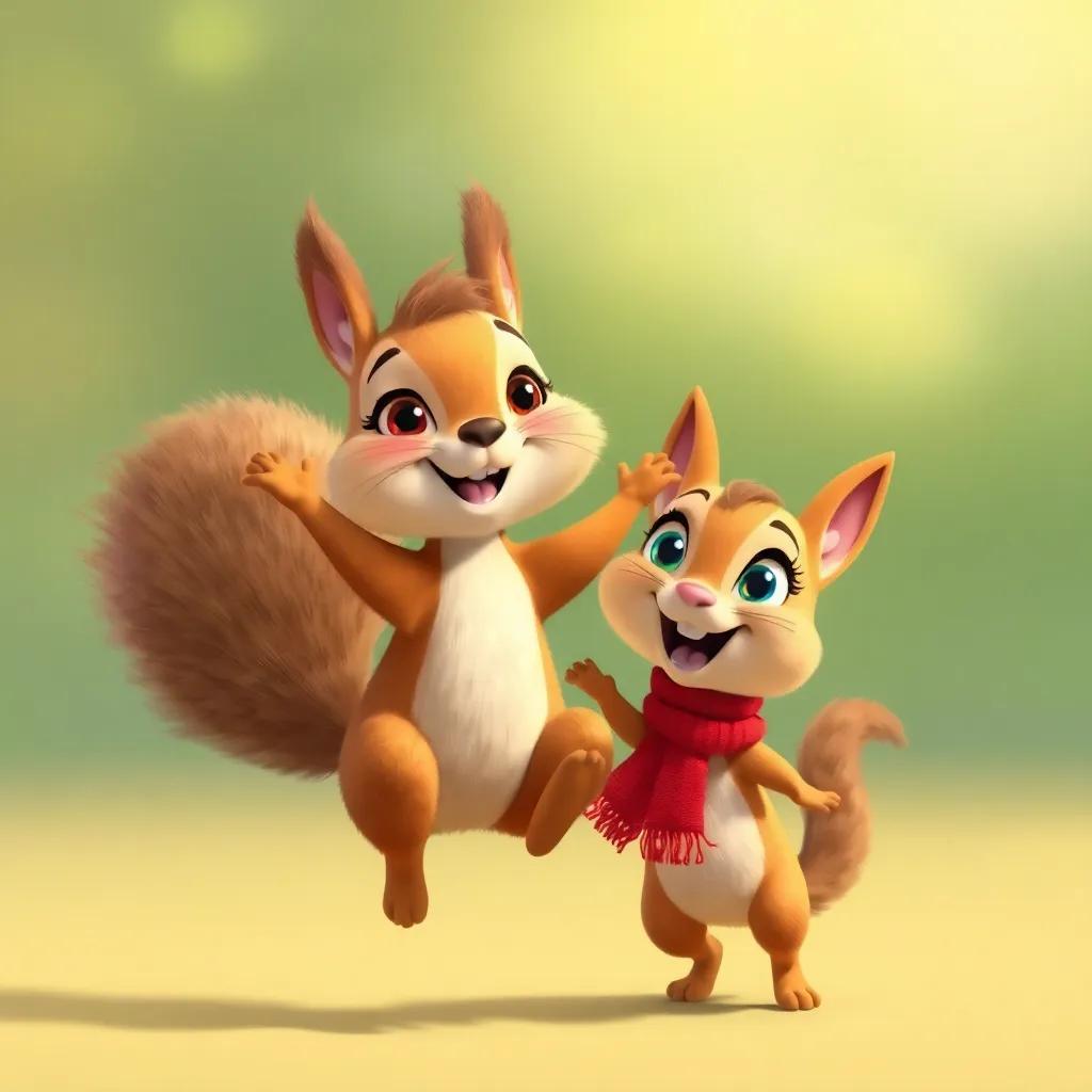 A cheerful squirrel named Sara, with fluffy tail and bright eyes, jumping next to Tula, wearing a tiny red scarf, encouraging and playful expression