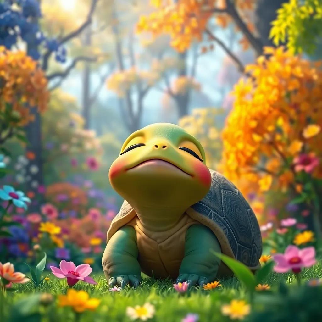 Tula, the tortoise, closing her eyes, listening to nature sounds in a vibrant forest filled with colorful flowers and trees, serene vibe, peaceful moment