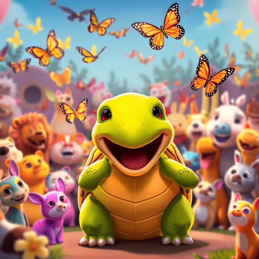 Tula, the tortoise, with a big smile, singing in front of a crowd of animals, butterflies flying around, bright colors, vibrant celebration