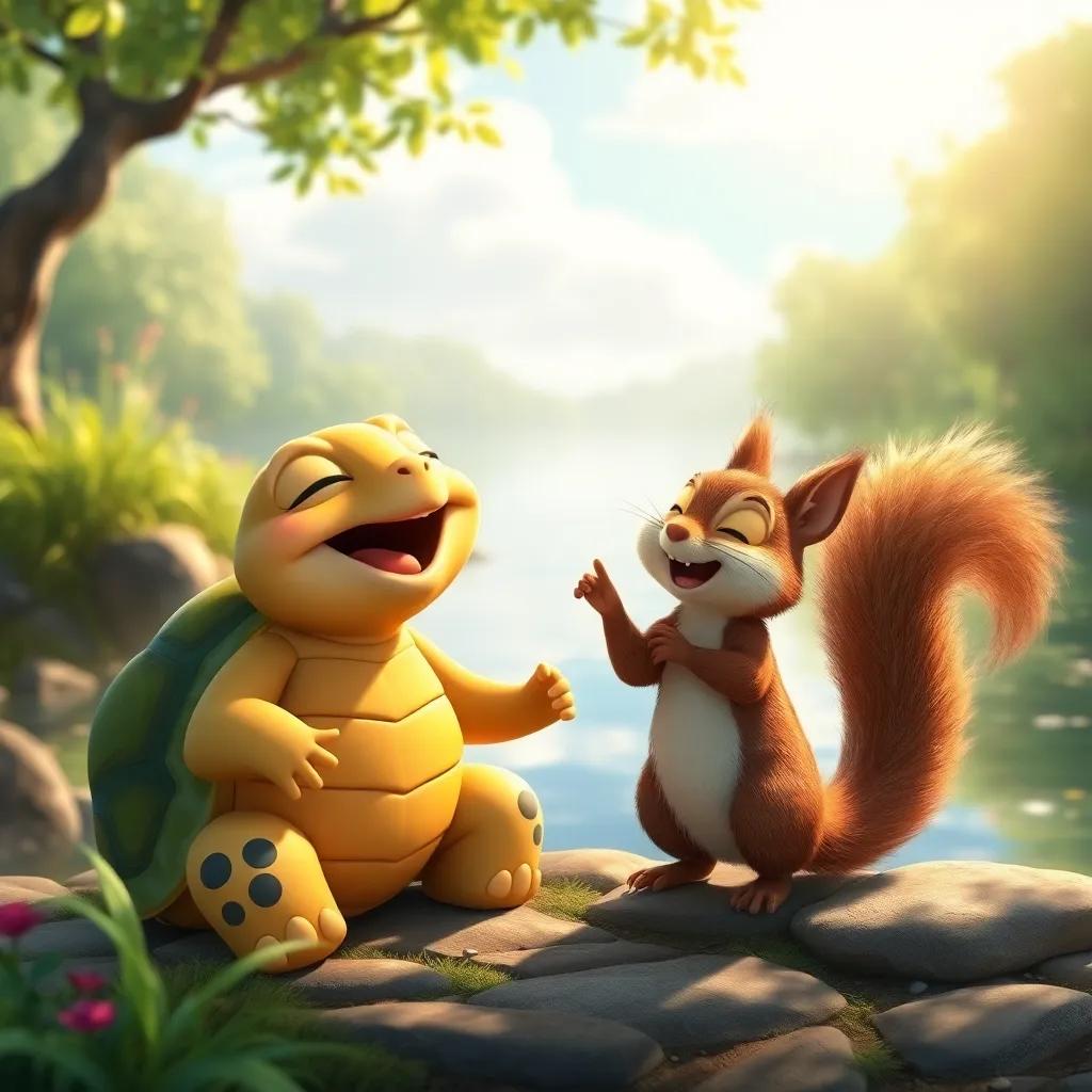 Tula and Sara, the tortoise and squirrel, singing together joyfully near a beautiful river, reflecting sunlight, sense of friendship and happiness