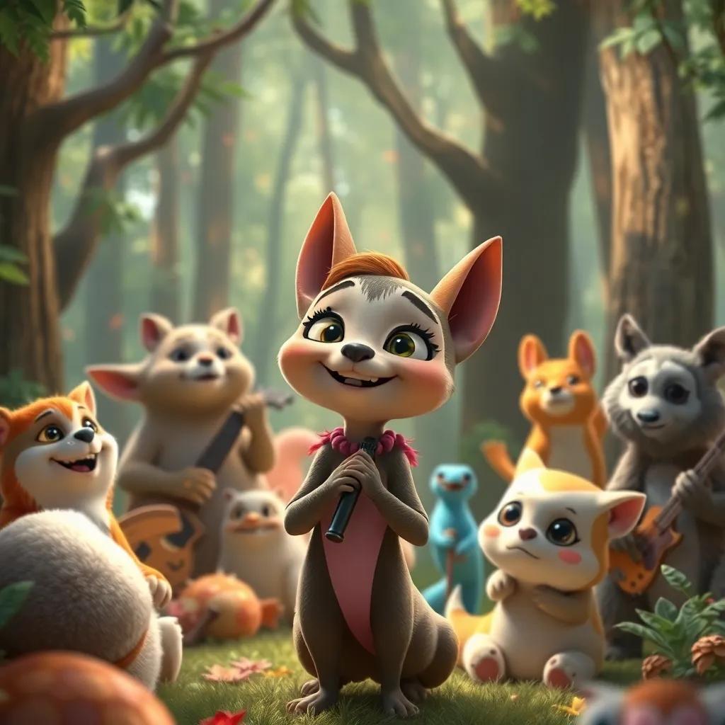 The forest full of animals enjoying music in harmony, featuring Tula at the front with confidence, surrounded by supportive friends, a celebration of sounds