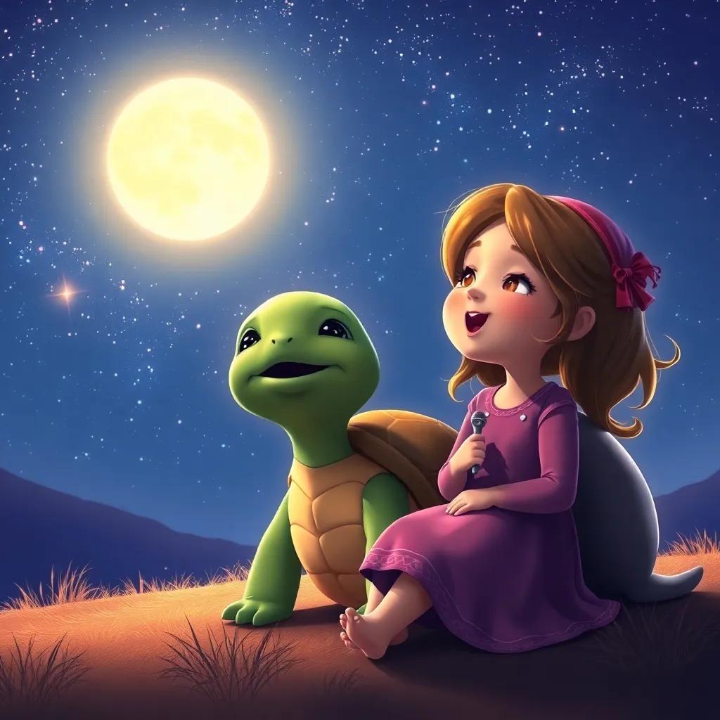 A magical scene of Tula, the tortoise, now confident and happy, singing under a starry sky with Sara by her side, sparkling stars and gentle moonlight