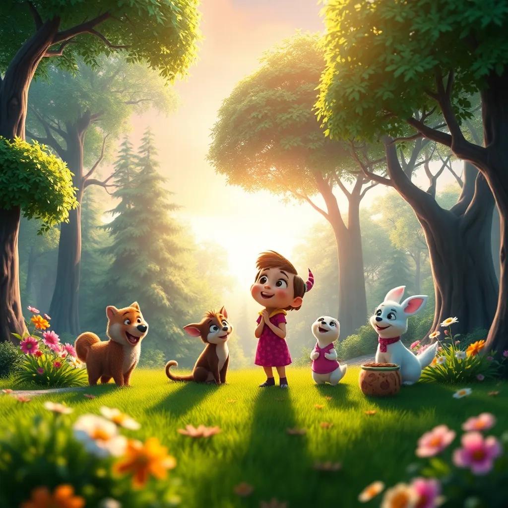 A beautiful forest at sunrise, where Tula and her animal friends are happily singing together, showcasing a vibrant and harmonious environment