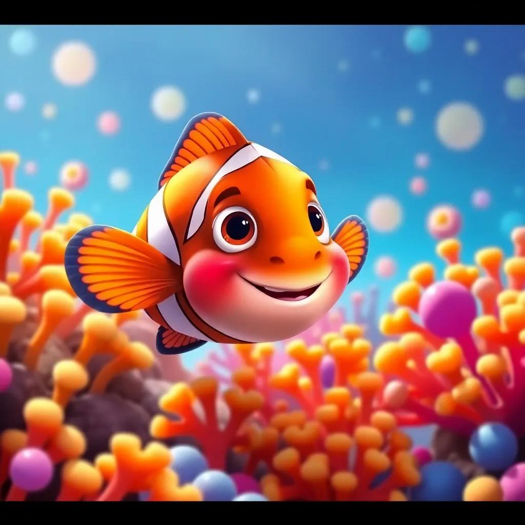 A clownfish named Pipo, colorful and smiling, playing hide and seek among bright corals with Lila, cheerful illustration, oceanic scene, colorful and fun