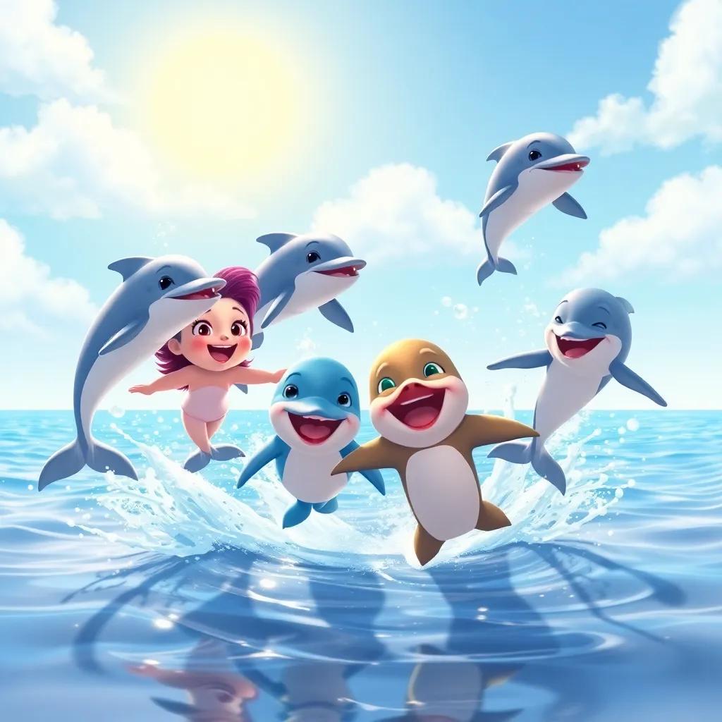 A group of playful dolphins jumping around Lila and Pipo, with a sunny sky above and splashes of water, joyful scene, energetic, child-friendly
