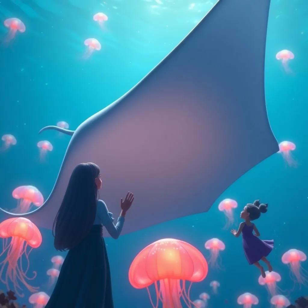 A large and elegant manta ray named Rayita inviting Lila and friends to watch jellyfish dance, underwater wonder, enchanting scene, magic and beauty