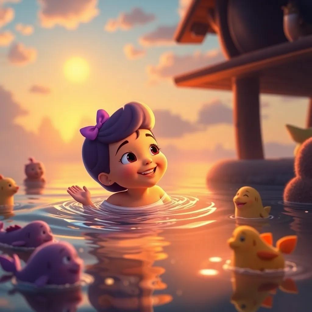 Lila happily swimming back home, reflecting on her adventurous day, surrounded by her friends in the sunset, warm light, joyful imagery, heartwarming moment