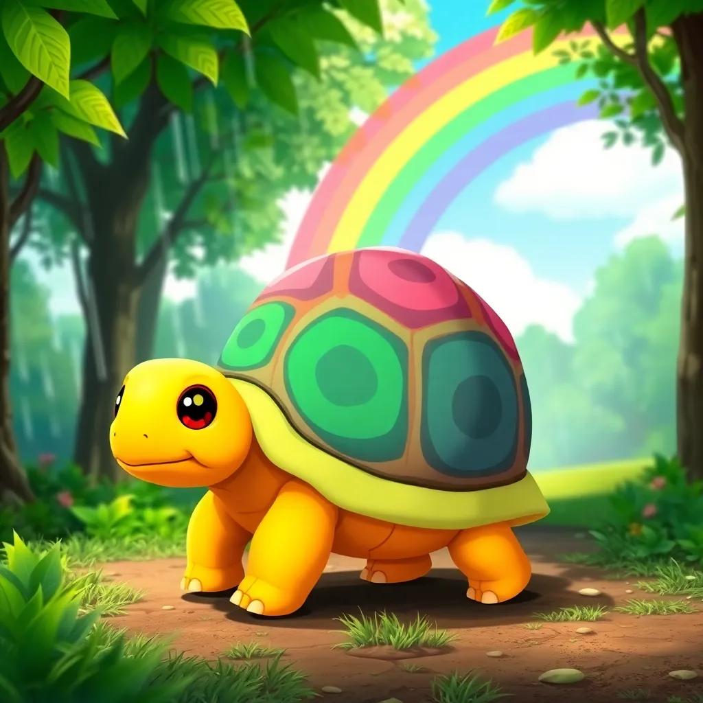 A cute tortoise named Tula, with a brightly colored shell, walking through a green forest after rain, chasing a colorful rainbow in the sky, cheerful, digital art, vibrant colors, sunny atmosphere, high quality