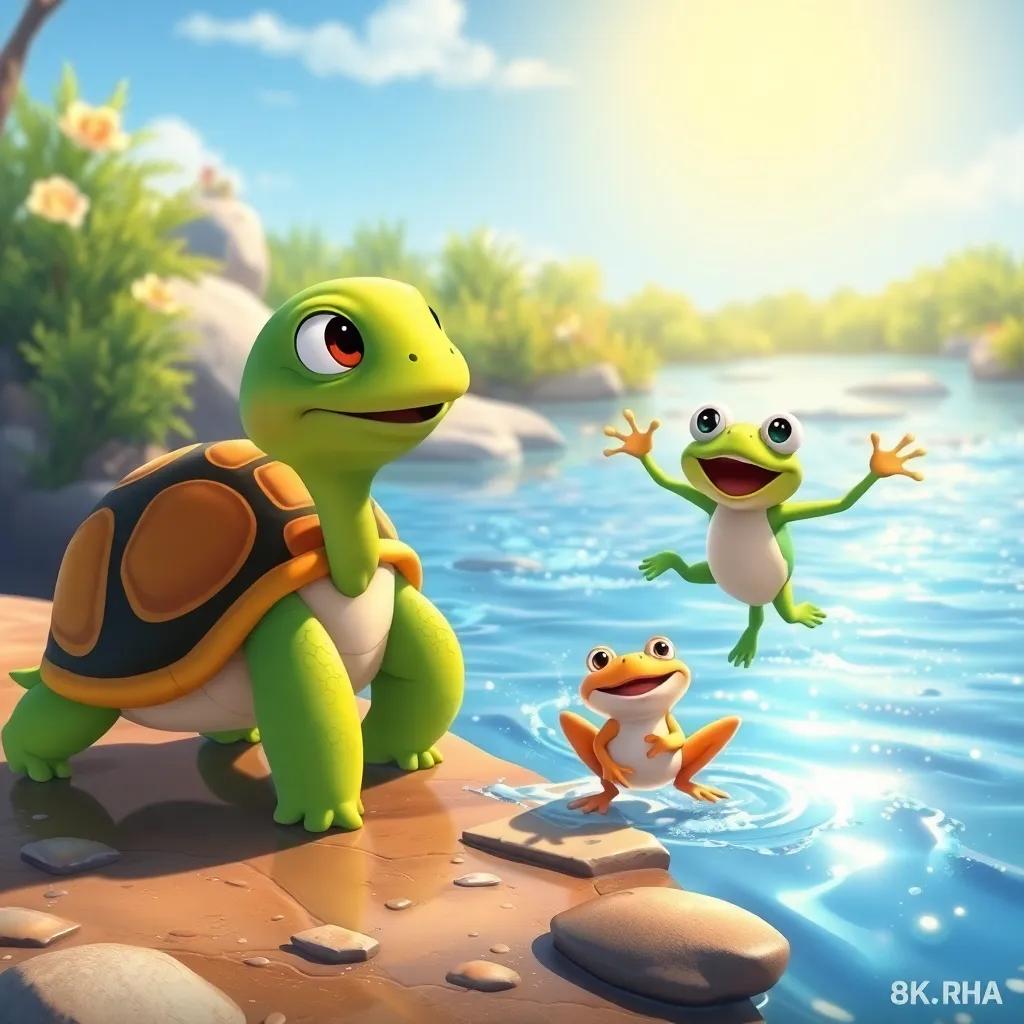Tula the tortoise with a colorful shell, crossing a sparkling river with a jumpy frog named Rami, enjoying the sunny day, cheerful, illustration, vibrant ambiance, high quality