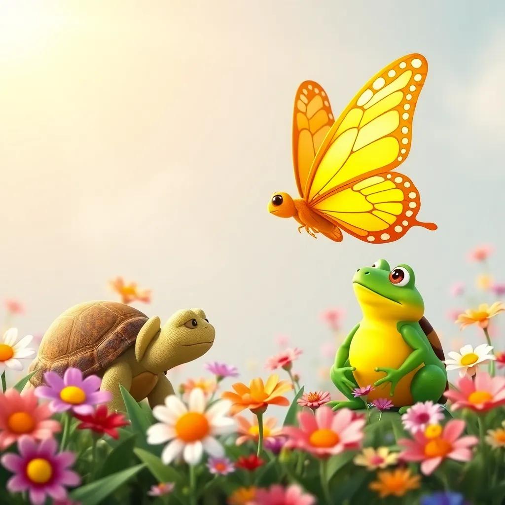 A golden butterfly named Mica, flying above a field of colorful flowers, greeting Tula the tortoise and Rami the frog with bright colors, joyful, child-friendly, high quality
