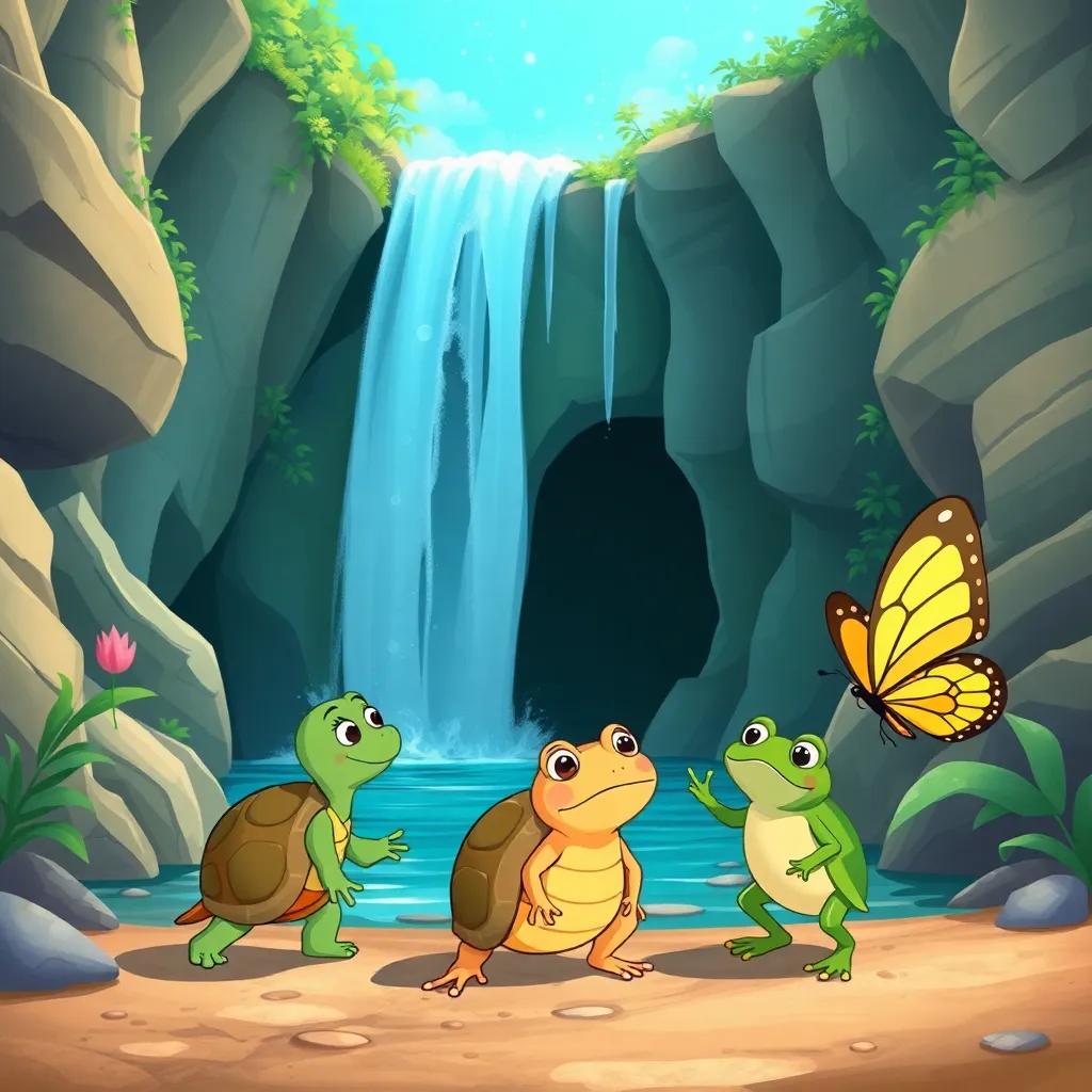 Tula the tortoise, Rami the frog, and Mica the butterfly arriving at a magical waterfall, spotting a cave behind the water, filled with excitement, illustration, whimsical, high quality
