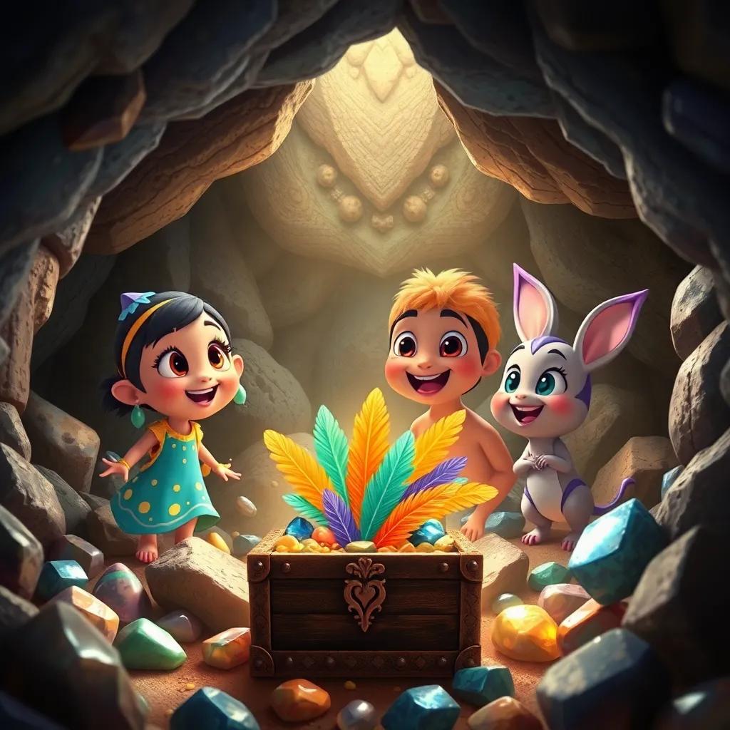 Inside a cave filled with shining stones and a treasure chest with colorful feathers, Tula, Rami, and Mica looking amazed and happy, colorful, heartwarming, high quality