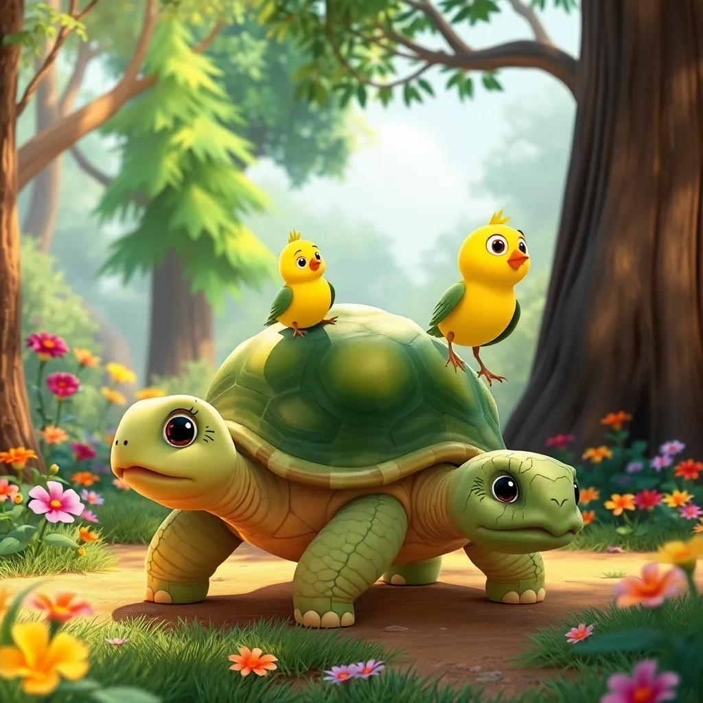 Tula the tortoise moving slowly through a colorful forest with Pipo, a cheerful yellow bird perched on her shell, green trees and colorful flowers around, playful illustration, warm light, friendly environment, high quality
