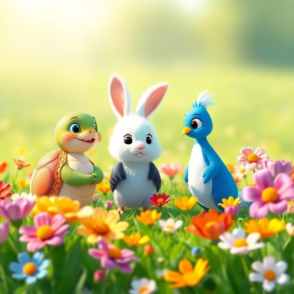 Tula the tortoise and Pipo the bird meeting Roco, a fluffy white rabbit with long ears, in a field of blooming flowers of various colors, joyful scene, bright and inviting colors, heartwarming, high quality