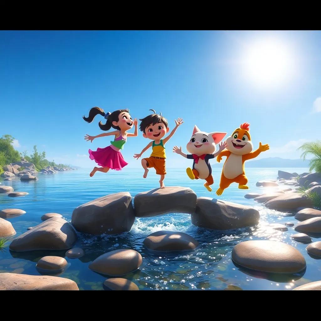 The three friends jumping over a sparkling stream on smooth stones, Tula, Pipo, and Roco helping each other, with the sun shining brightly overhead and reflections in the water, adventurous scene, lively colors, uplifting mood, high quality