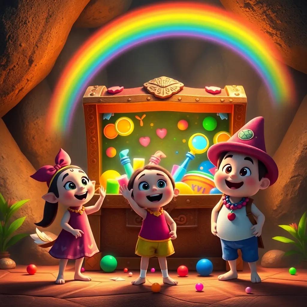 Tula, Pipo, and Roco standing excitedly before an ancient treasure chest filled with bright colored items like paints, jewelry, and candies, with a magical rainbow glowing above them, enchanting setting, rich colors, joyful celebration, high quality