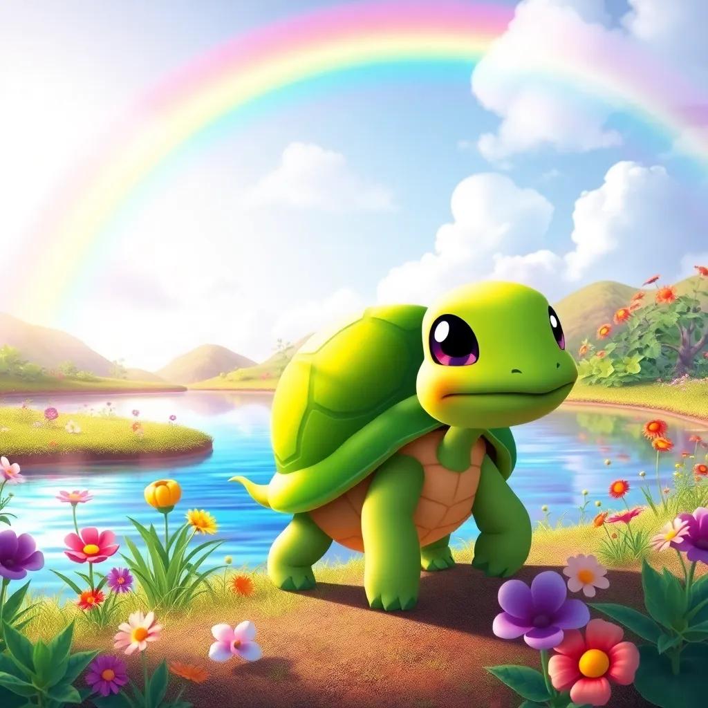 A cute turtle named Tula, with a bright green shell, walking near a colorful lake surrounded by flowers and plants, under a beautiful rainbow in the sky, cheerful, vibrant colors, digital art, fantasy